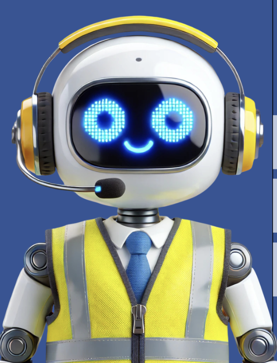 Robot ASISBOT con casco amarillo, cascos y chaleco reflectante, mascota de software de asistencia en carretera